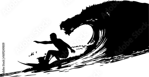 Dynamic surfer riding a powerful wave, capturing the thrill of ocean adventure and extreme sports.