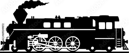 Classic steam locomotive chugs along tracks, billowing smoke, evoking nostalgia and adventure