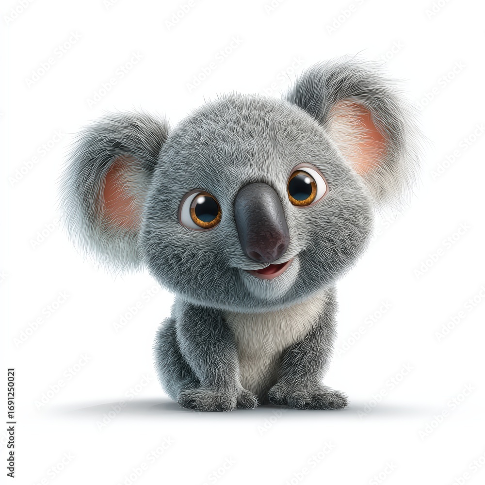 Fototapeta premium A cartoon koala is sitting on a white background