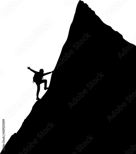 Adventurous silhouette scales steep mountain peak, embodying achievement and extreme outdoor challenge.