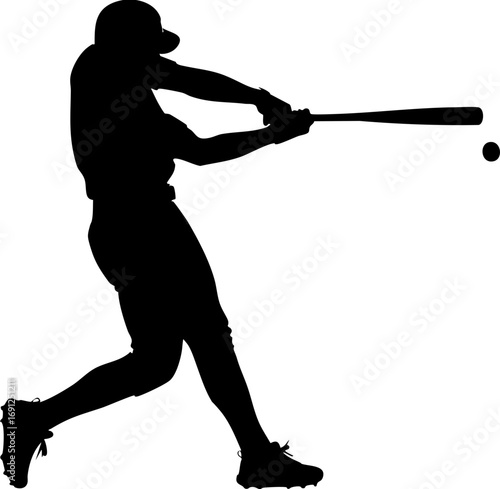Dynamic baseball player powerfully swinging bat connecting with ball mid-game action