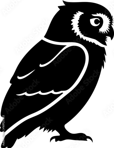 Majestic owl silhouette poised and watchful, embodying wisdom and mystery in a striking graphic.