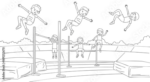 High Jump Illustration Kids' Athletic Fun in Black and White