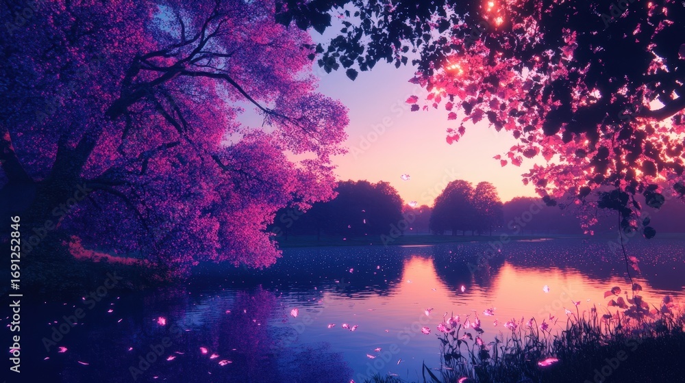 Obraz premium A serene sunset over a calm lake, framed by vibrant pink trees and a peaceful atmosphere at dusk.