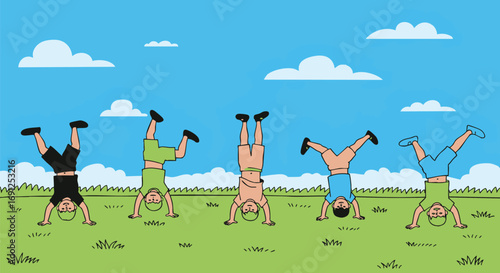 Vibrant illustration of five cheerful children joyfully performing handstands in a sunny green park, embodying active childhood, outdoor play, and youthful fun