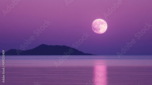 A stunning view of a full moon over a calm sea, reflected on water with a purple sunset backdrop and a distant island silhouette.