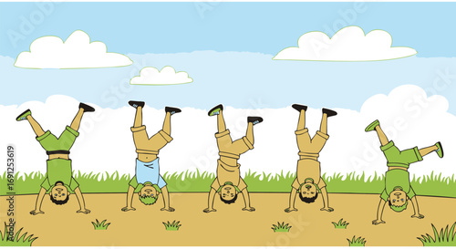 A row of young boys in casual clothing performing handstands and cartwheels on a green field. A cheerful illustration of children's outdoor activity and exercise