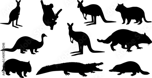 Australian animals silhouettes including kangaroos, koalas, emus, crocodiles, wombats, and platypuses. Ideal for wildlife designs, zoo themes, and educational materials