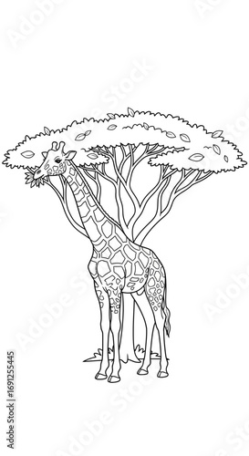 Line art drawing of giraffe standing under a tree in a savanna setting.