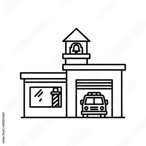 Line art illustration of a fire station with a fire truck inside.