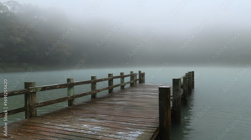 Fototapeta premium Wooden pier on a tranquil lake shrouded in mist with falling snow visible Fog Winter