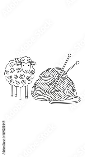 Line art illustration of sheep and yarn with knitting needles on white background.
