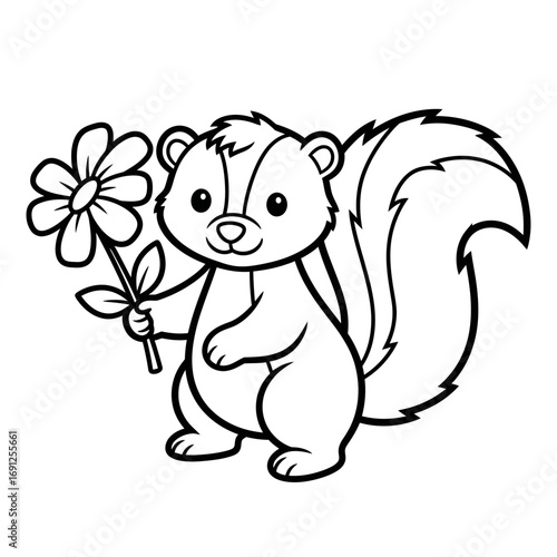 Cartoon skunk holding a flower black and white line art illustration.