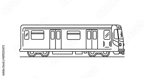 Line art illustration of a subway train car on a white background.