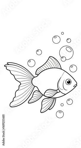 Line art illustration of a goldfish swimming with bubbles in water.