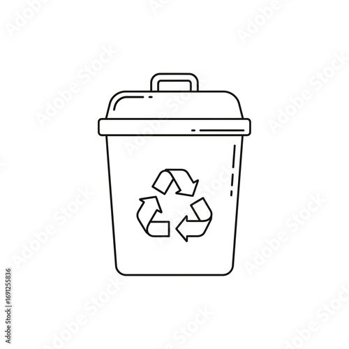 Line art depiction of a recycling bin with a recycling symbol on it.