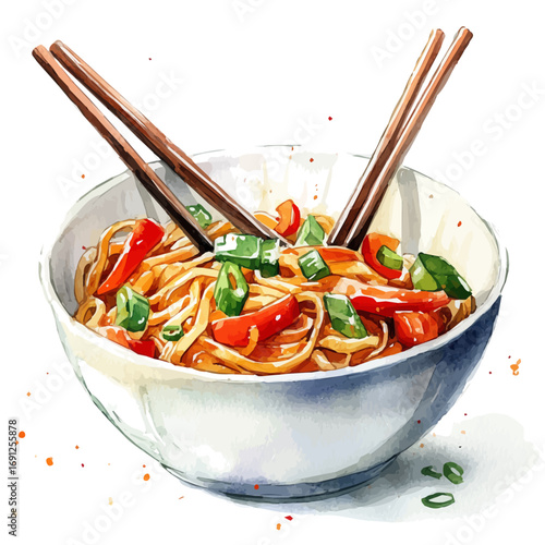 Chow Mein, watercolor painting vector, isolated on a white background.