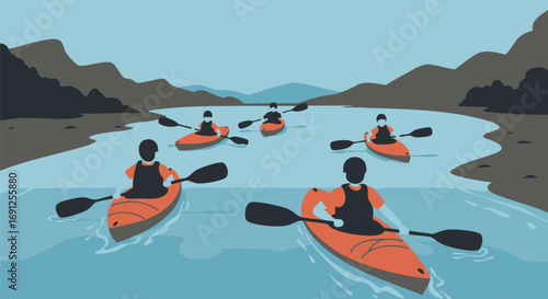 Group of adventurers kayaking down a winding river, enjoying the great outdoors and a refreshing water sport activity amidst a serene natural landscape