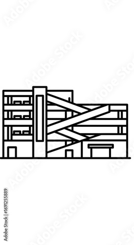 Line drawing of a multi-story building with diagonal bracing on its facade.