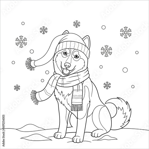 Line art of dog wearing hat and scarf with snowflakes falling.