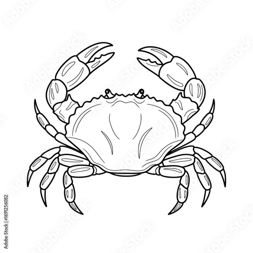 Line art illustration of a crab with claws raised on a white background.