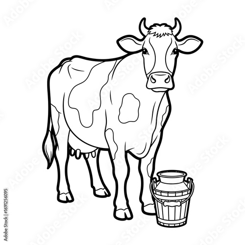 Black and white illustration of a cow standing next to a milk can.