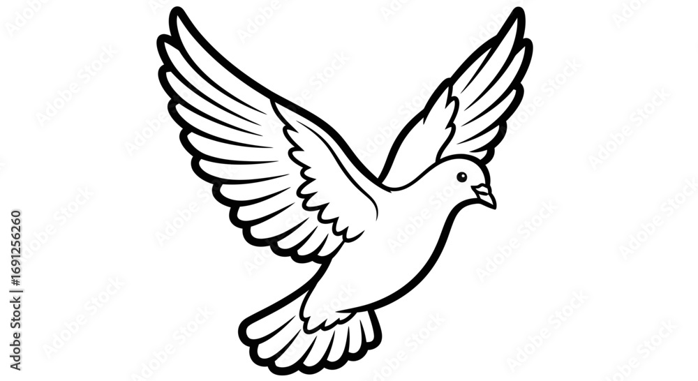Fototapeta premium White dove flying with wings spread in a simple line art illustration.
