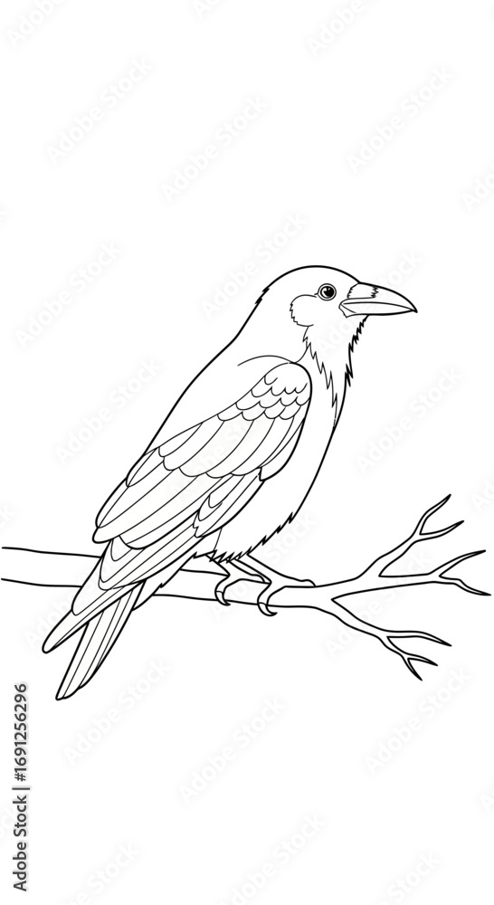 Fototapeta premium Line drawing of a bird perched on a branch against a white background.