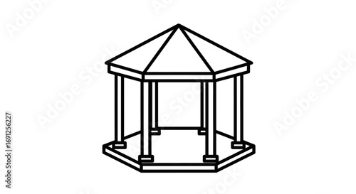 Simple line drawing of a gazebo with a hexagonal roof and supporting columns.
