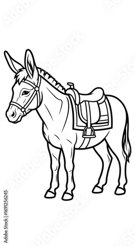 Line drawing of a donkey with a saddle standing on a white background.