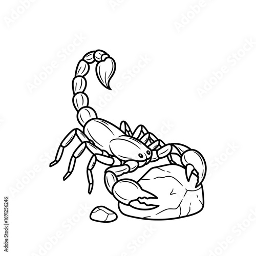 Line art illustration of a scorpion on a rock with a small pebble.