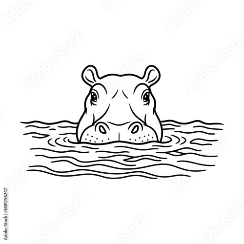 Line art of a hippopotamus head emerging from water simple black and white.