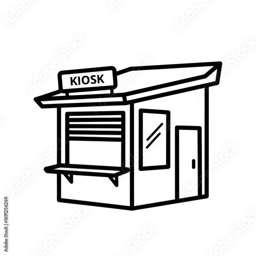 Simple line drawing of a kiosk building with a window and a door.