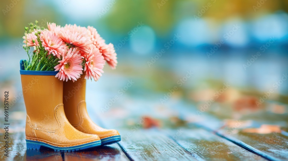 Fototapeta premium Bright flowers in yellow rain boots on a wet wooden surface in autumn