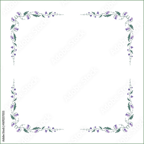 Vegetal ornamental frame with green leaves and purple flowers, bluebells, decorative border, corners for greeting cards, banners, business cards, invitations, menus. Isolated vector illustration.	