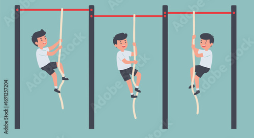 Illustrations depicting a young boy climbing a rope in three different poses on a light blue background