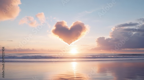 Beautiful clouds form a heart shape in the sky at sunset over a calm ocean. A romantic scene filled with love and tranquility.