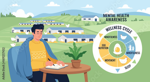 Illustration depicting mental health awareness and wellness cycle at a chicken farm for relaxation