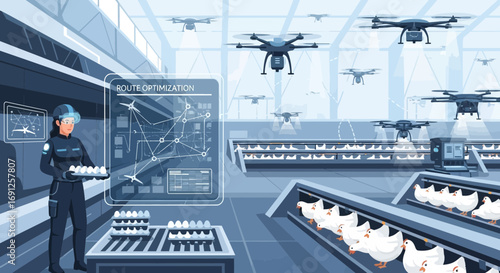 Technological Poultry Farm with Drones and Route Optimization for Egg Production and Distribution