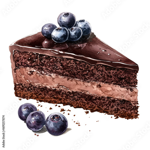 Chocolate Cake, watercolor illustration vector, isolated on a white background.