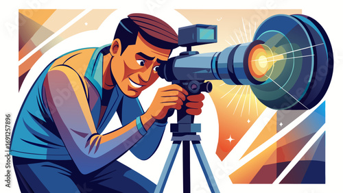 close up Photographer adjusts camera lens carefully on tripod under bright light. Isolated white background emphasizes precision, focus, and creative storytelling of professional photography.