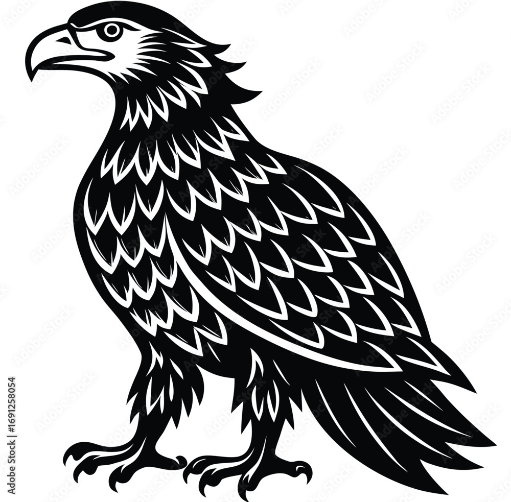 Obraz premium Black and white vector illustration of a bald eagle's head, isolated on a white background, perfect for a tattoo or symbol of freedom