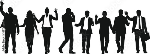 Group of business people silhouettes waving and walking – corporate team, business professionals, office workers, leadership, teamwork, formal attire