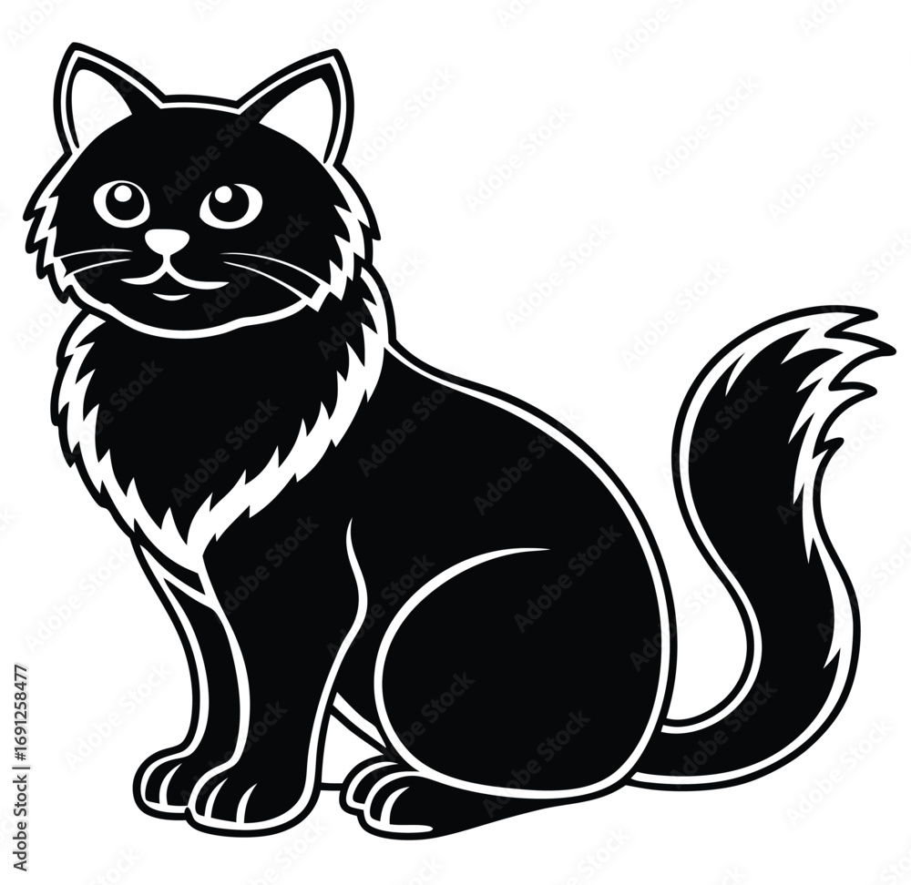 Obraz premium Black and white cartoon cat vector illustration