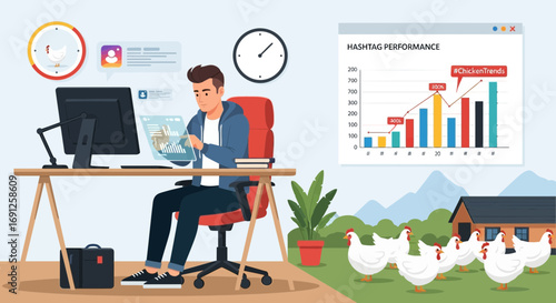 Analyzing chicken trends remotely: A modern farmer managing his poultry business from home