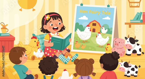 Captivating storytelling session with children immersed in a farm themed fairy tale illustration