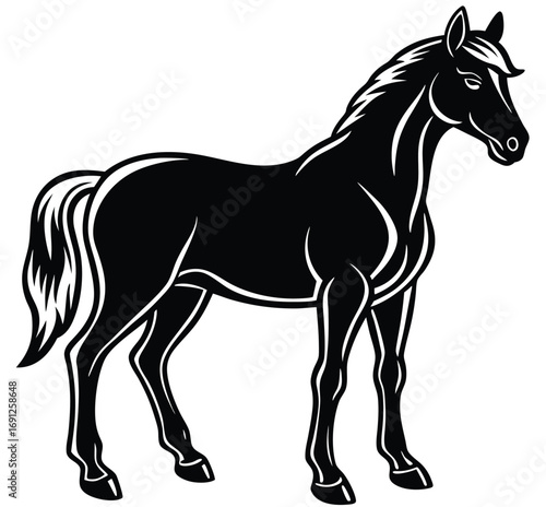 A vector illustration of a running black horse silhouette, its mane and tail flowing