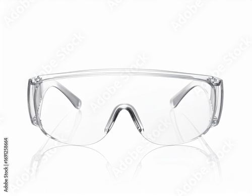 Clear protective safety glasses for professional eye protection, isolated on a white background with a reflection.