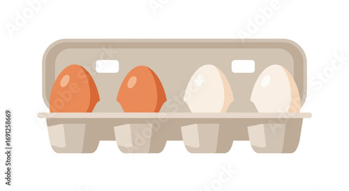 Cartoon illustration of an egg carton with brown and white eggs inside a carton isolated