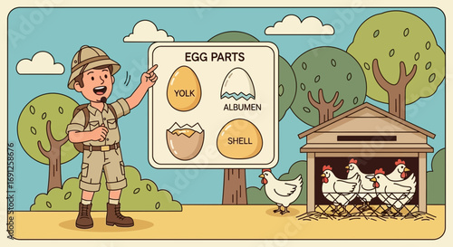 Cartoon illustration featuring an explorer explaining egg parts near a chicken coop